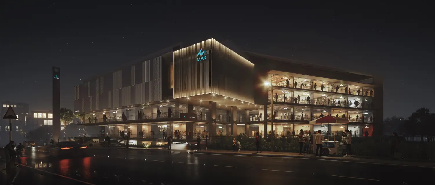 MAK Prime Square building exterior at night
